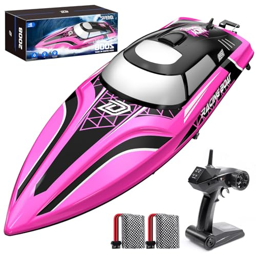 DEERC Snabb RC-båt med LED, 30 min, 20 MPH, 2 x 7,4 V litiumbatterier, 1 200 mAh, med självresande för pooler och sjöar, 2,4 GHz racerbåt, vattenleksaker för barn och vuxna (rosa)