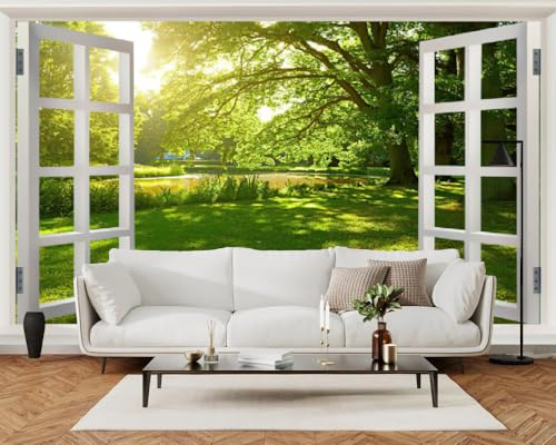 Art Fototapete 3D Grüner Wald 274x203cm，Fensterlandschaft Seidenstofftapeten für Schlafzimmer Wohnzimmer