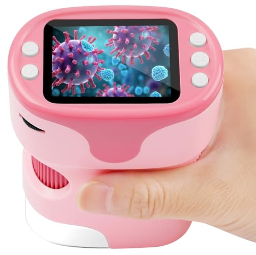 AXFEE Mini Microscope de Poche Portable 1000X, Écran 4K 2,0, Microscope Numérique Portable Rechargeable, Microscope de Poche avec Set de Diapositives, Carte Mémoire 32G, Caméra microscopique(Rose)