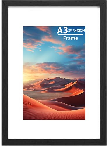 A3 Picture Frame Wooden Picture Frames with A4 Mount,A3 Photo Frame with Acrylic Glass, A3 Poster Frame with Wall Hanging,Certificate Frames Landscape or Portrait Orientation,Black,1P