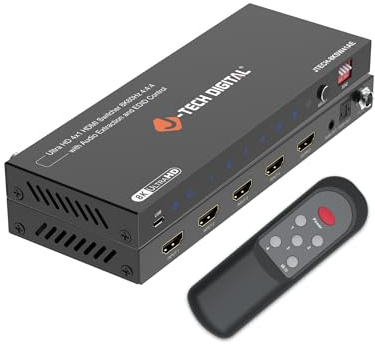 J-Tech - Interruttore HDMI digitale 8K 4 in 1 di uscita, 8K@60Hz 4K@120Hz 1080P@240Hz con estrazione audio, HDMI a ottico e analogico 3,5mm, HDR HDCP2.3 EDID Control (JTECH-8KSW41AE)