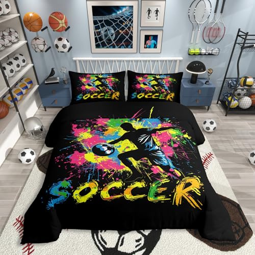 Homewish Soccer Bettbezug für Kinder Teenager,Neon Splatter Kunst Spielersilhouette Bettwäsche 135x200 Fußball Cooles Regenbogen Batikmuster Bettset Mikrofaser 1 Kissenbezug Fußballfans Bettwäscheset