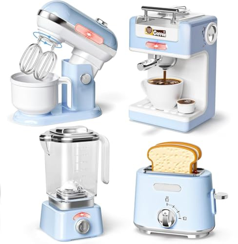 BAKAJI Set 4 Elettrodomestici da Cucina Giocattolo per Bambini, Planetaria, Macchina del Caffè, Tostapane e Frullatore, Luci e Suoni Realistici, Mixer, Impastatrice, Coffee Maker, Idea Regalo (Blu)