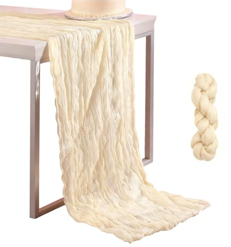 Pamtns Käsetuch Tischläufer Beige 90x300 cm Gaze-Tischläufer SeihtuchTischläufer Lang Romantisch Halbdurchsichtiger Stoff Küche Tisch Dekoration für Hochzeit Dekoration Geburtstag Party