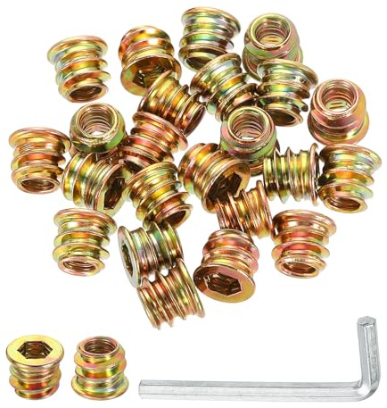 QUARKZMAN 100pcs Inserts d'Écrou UNC1/4-20 à Entraînement Hexagonal, Insert Fileté pour Bois 10mm, Goujons Filetés en Acier au Carbone, Connecteur de Fixation Écrou à Visser avec Clé, Doré