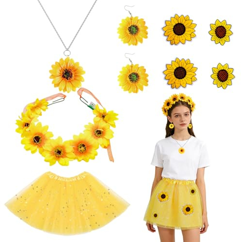 Sonnenblumen Karneval Kostüm Damen, LED Licht Blumenkranz Haare + Tüllrock & Stickerei Aufnäher & Halskette & Ohrringe, Fasching Karnevalskostüme, Party Festival Tanzkleidung, DIY Sonnenblumen Set