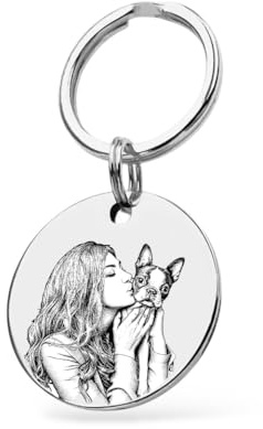 Bild/Foto Gravur personalisierter Schlüsselanhänger | 25 mm rostfreier Edelstahl für Hund, Katze, Pferd, Muttertag, Geschenk | Beidseitig graviert, Name oder Liebesspruch (Silber)