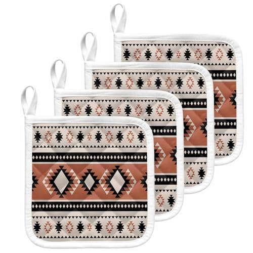 Retro Medieval Aztec Geometric Pot Holder Set of 4,Heat-Proof Kitchen Dining Hot Pads Abstract Tribal Pattern Non-Slip Potholders for Oven,Cooking,Baking,Stove,Countertop