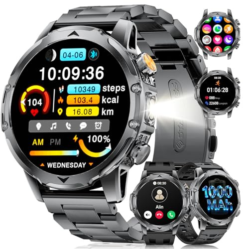 FitVigor Smartwatch Herren Militär-1000mAh Akku/3 Armbändern/1.53'' HD Display,Smartwatch mit Taschenlampe,120+ Sportmodi, Fitnessuhr mit Herzfrequenz/Schlafmonitor, für Android iOS, Schwarz