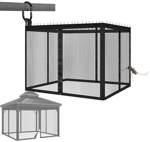 Zanzariere per Gazebo, Tenda Zanzariera per Pergola, Zanzariera Ombrellone da Giardino, Rete Universale Schermo con 4 Aperture a Cerniera (Nero, 3.6x3.6M)