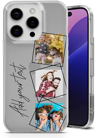 AIGAT Personalisierte Geometrische Foto-Collage Handyhülle für iPhone mit Name/Text – 3 Bilder Custom Design Slim Clear TPU Stoßfeste Hülle für iPhone 17, 16, 15, 14, 13, 12, 11 Pro Max & Plus