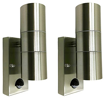 2x Hochwertige Edelstahl-Wand-Leuchte Bornholm mit Sensor, Up-/Down-Light, Fassung je 2 x GU10 je max. 35W, H: 21,5cm, Eingangs-Balkon-Terrassen-Lampe-Strahler