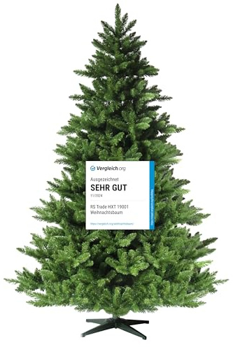 RS Trade HXT 19001 Spessarttanne 100% PVC 210 cm künstlicher Weihnachtsbaum (Ø ca. 146 cm) 1910 Spitzen und Schnellaufbau Klappsystem, schwer entflammbar, unechter Tannenbaum inkl. Christbaum Ständer