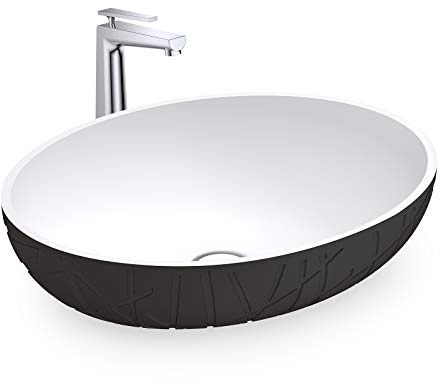 BERNSTEIN - Vasque Lavabo Ovale Noir/Blanc mat à poser 50x40x12cm sans Bonde, Lave main fonte minérale - Design, Robuste & Durable - LEO