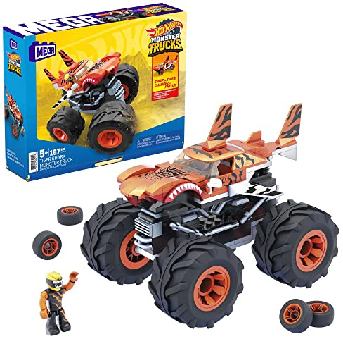 Mega Construx Monster Trucks Tiger Shark Coche de juguete de bloques de construcción, incluye figura, para niños +5 años (Mattel GVM26)
