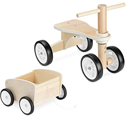 Navaris Lauflernrad aus Holz mit Anhänger - Laufrad für Kinder ab 18 Monate - Rutschauto Holzlaufrad Rutscher - 4 Räder Baby Fahrrad Rutschfahrzeug