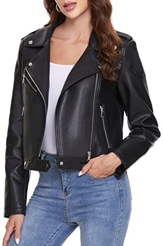 Fahsyee Women's Faux Leather Jackets, Zip Up Motorcycle Short PU Moto Biker Outwear Fitted Slim Coat Black Size S