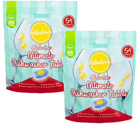 Fabulosa All in One Ultimate Powerful Cleaning Rinse Aid Dishwasher Tablets with Built in Salt Action, Cleaner and Freshener, 108 Tablets, 2 Pack, Lemon Sherbet