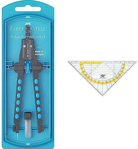 Faber-Castell 174340 - Schnellverstell Zirkel, Factory, blau, 1 Stück & Wedo 525 Geometrie Dreieck 16 cm, Kunststoff, Hypotenuse, Facetten, Tuschenoppen, transparent