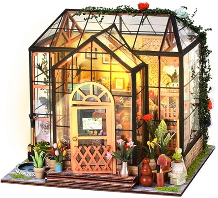 DIY Miniatur Haus Puppenhaus Gewächshaus mit Licht, Miniatur Haus Puppenhaus Miniatur mit Möbeln, Bastelset Geburtstag Geschenke für Erwachsene Frauen Mädchen - Cathys Blumenhaus