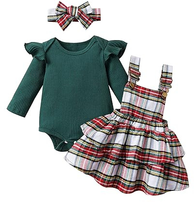 Vioyavo Completo Neonata Bambina Vestiti della Neonata Nataliazio Tuta Stampa a Maniche Lunghe + Gonna a Bretelle TartanTuta Autunnale per Natale (Verde, 0-3 Months)