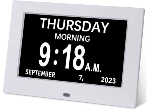 Golony Sveglia grande per demenza da 7 pollici, visualizza mese, giorno e ora. Sveglia a grandi cifre. 12 gruppi di allarmi. Auto-dimmerabile. Adatto per uso anziano. Bianco.