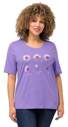 Ulla Popken T-Shirt Classica con Fiori, Scollo a Girocollo e Mezze Maniche 826851