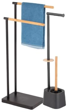 Kit 2 Piantane da Bagno in Acciaio Smaltato e Inserti in Bambù Piantana WC Porta Carta Igienica, Porta Scopino, Porta Asciugamani Accessori Bagno Pratiko Life (Nero)