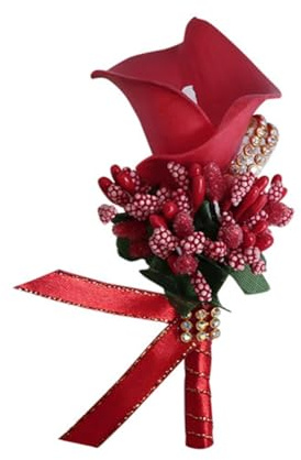 Wisafory 1 Stück Hochzeit Boutonniere Calla Lily Ansteckblume mit Sicherheitsnadel Künstliche Blumen Brosche Handarbeit Corsage Knopfloch Blume Hochzeitsanstecker für Bräutigam Braut Rot
