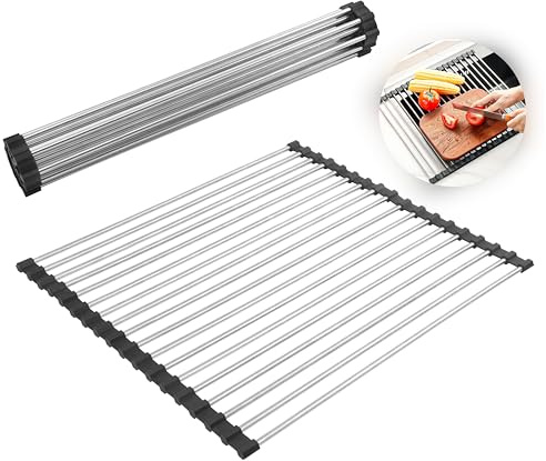 TEKONDA 43x35cm Abtropfgestell Geschirr Abtropfgitter Edelstahl Schwarz Faltbar Abnehmbar Abtropfmatte Geschirr fGeschirr Tassen Obst Gemüse Abtropfgitter Spüle