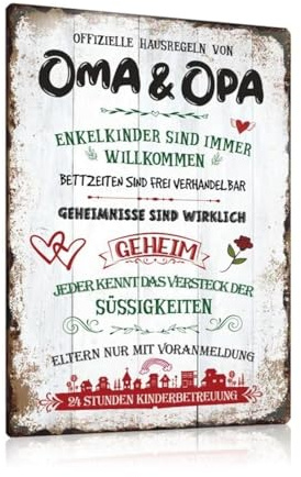 ESFIVHO Retro Blechschilder Oma Opa Schild 20x30cm - Metallschilder mit lustig Sprüchen - OFFIZIELLE HAUSREGELN VON OMA OPA - Geschenk für Geburtstag Großeltern Rentner Senioren Enkelkinder lieben.G4