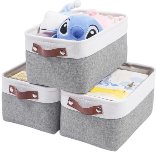 Mangata 3 Stück Aufbewahrungskorb Stoff, Kleine Aufbewahrungsbox Schrank, Korb Aufbewahrung Stoff mit Leder-Tragegriff für Spielzeug, Kleiderschrank, Regale, Kleidung(S, Grau Weiß)