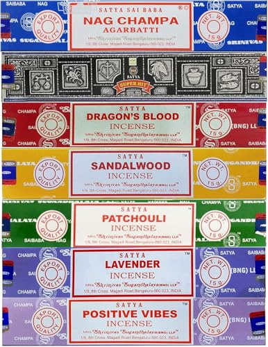 Satya Räucherstäbchen Geschenkset, 7 Düfte, Nag Champa, Super Hit, Dragons Blood, Sandelholz, Patchouli, Lavendel, Positive Vibes, 15g x 7 Packungen