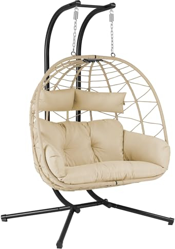 HinHocker Hängesessel für 2 Personen mit Gestell | Creme | XXL Hängeschaukel für Indoor und Outdoor | Inkl. Kissen und Auflagepolster | Hängesessel Outdoor, Gartenschaukel, Schaukelstuhl