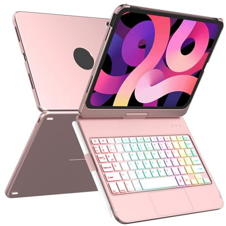 MMK Clavier pour iPad 11/10ème Génération (11 Pouces A16 2025/10.9 Pouces 2022), Èclairage Coloré à 7 Couleurs & Réveil/Veille Automatique, Smart Trackpad avec Porte-Stylet, Clavier Français AZERTY