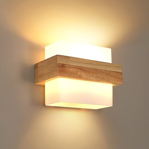 DELIPOP Wandleuchte Innen Vintage, E27 Retro Wandlampe Innen Holz mit Glas | Moderne Wandbeleuchtung für Treppenhaus Flur Schlafzimmer Wohnzimmer