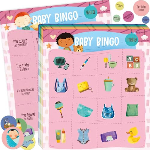 Baby Shower Bingo Spiel - Zweisprachige Bingo Karten für Gender Reveal Party, Spiele Geschenke Zubehör und Dekorationen für Erwachsene