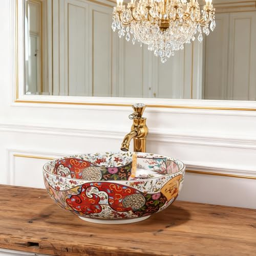 Lavandino Retrò in Stile Lussuoso in Ceramica con Rubinetto Dorato e Scarico a Clic-Clac senza Trabocchetto per Piano Lavello da Bagno, Lavelli Realizzati a Mano da Jingdezhen