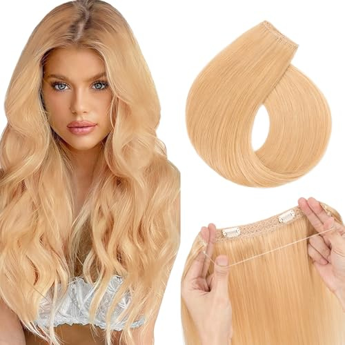 TESS 40 cm Extension Echthaar mit Gummiband Blond 2 Clips, Draht Haarverlängerung Echthaar Mittele blond Extensions Mit verstellbarem Draht 65g