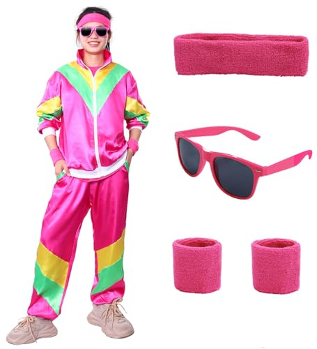 Suffolly Disfraz Años 80 Unisex, Disfraz Años 80 Hombre, Disfraz Pareja Adultos con Diademas Muñequeras Gafas Años 80 Chandal Retro Conjunto Años 60 y 70 para Adultos Fiesta Carnaval (Rosa, L)