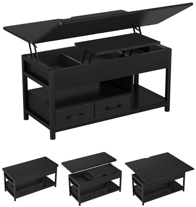 Mesa de Centro de Altura Ajustable, 3 en 1, Multifunción, Mesa de Salón, Mesas de Café con 2 Cajones, Almacenamiento Oculto, Compartimento Abierto, Mesas de Comedor, Sala de Estar, Oficina (Negro)