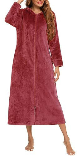 Flodxo Robe de chambre à fermeture éclair pour femme - Légère et moelleuse - En polaire - Super douce - À capuche - Longue longueur - Chaud et confortable
