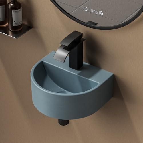 EMKE Lave-Mains Demi-Lune 30 cm, Petit Lavabo Suspendu Arrondi en Céramique, Mini Vasque Murale Gain de Place pour WC Invités et Petits Espaces, Bleu Gris Clair Matt, 30,3 x 25,3 x 12,4 mm