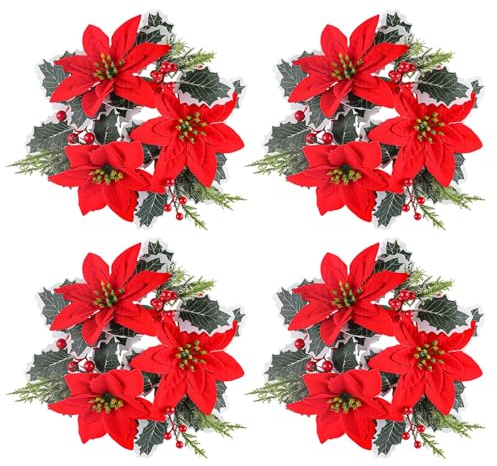 Marooma Weihnachts Kerzenringe, Kränze, 4er Set, 9,06 Zoll Künstlicher Weihnachtsstern Blumen Kerzenkranz, Feiertags Kerzenhalter für Weihnachten, Hochzeit, Geburtstag, Party (A)