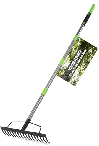 WORKPRO Rastrillo de Jardín Heavy Duty 165 cm, Rastrillo Metálico de 17 Dientes con Mango Ajustable para Aflojar Tierra, Recoger Hojas y Nivelar Césped