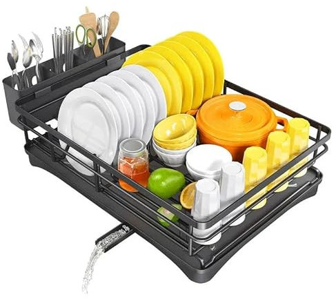 Dish Drying Rack, Space-Saving Rust-Resistant with Utensil Holder, Drainage Tray & Nonslip Feet Compact, Durable & Easy to Clean for Kitchen Use.