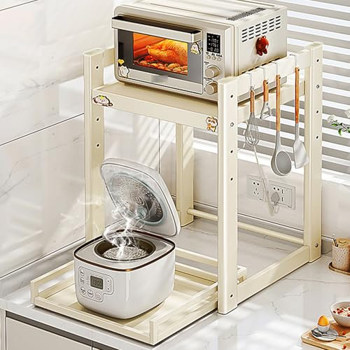 Microwave Oven Rack Stand Shelf with Extendable 2 Tier Pull Out Design and 4 Hooks for Kitchen Countertop nization and Storage (15.7 * 15.16 * 23.22in)