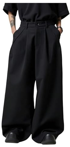OYOANGLE Men's Baggy Wide Leg Pants Zipper Fly Pleated Work Casual Long Trousers with Pocket Black Medium
