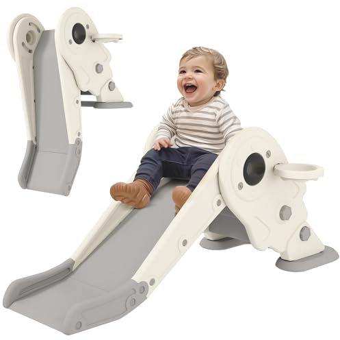 AIYAPLAY 3 en 1 Toboggan pour Enfants avec Panier de Basket et Escalade, Toboggan intérieur pour Enfants Pliable, de 2 à 5 Ans, 132 x 48 x 57 cm, crème