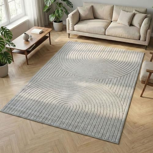 Carpetsale24 Kurzflor Teppich 120x170 cm Grau Wohnzimmer, Schlafzimmer, Küche, 3D Hoch-Tief-Effekt, Skandinavisch Boho Motiv, für Outdoor Bereich geeignet Terrassen oder im Balkon